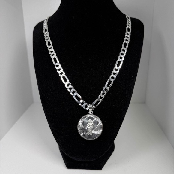 Jewelry - 925 Sterling Silver Figaro Chain Necklace Saint Jude Virgin Mary Pendant 24 inch